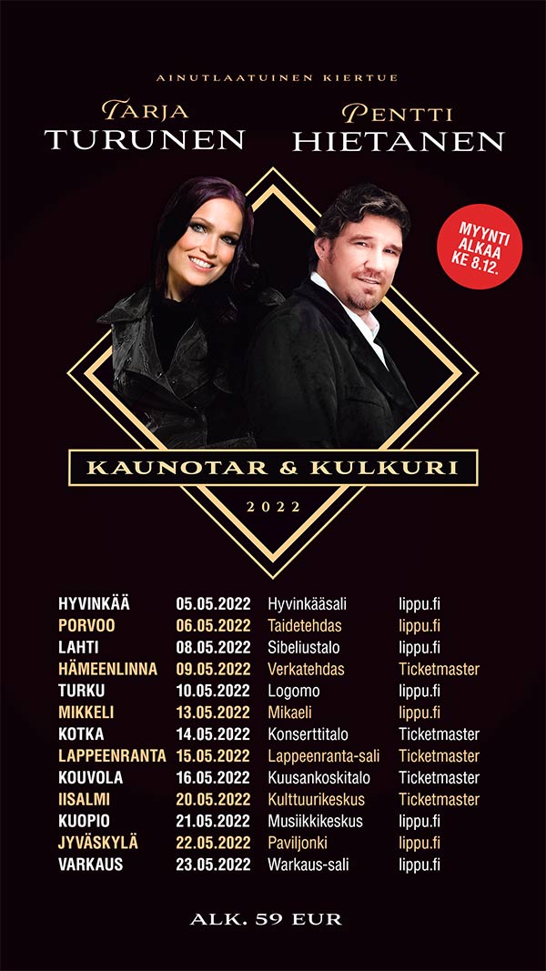 Tarja Turunen ja Pentti Hietanen ainutlaatuiselle yhteiselle konserttikiertueelle toukokuussa 2022